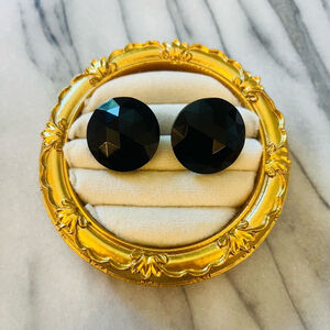 Vintage Faceted Glass Earrings | Black Round Button Style | Large Statement Stud